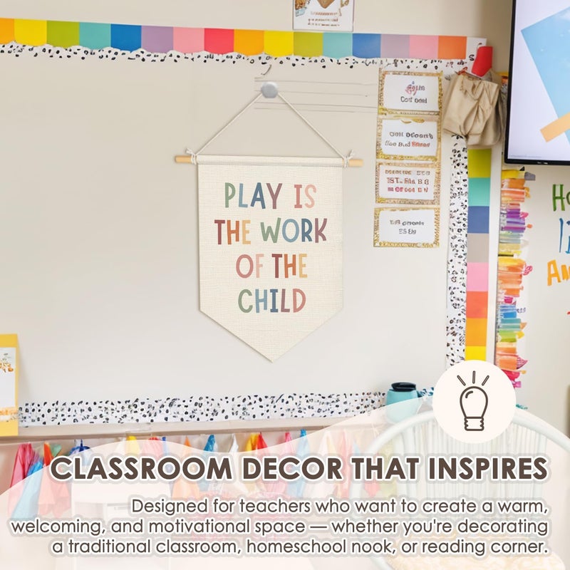 Wheatwin Playroom Wall Decor, Play Is the Work of the Child Wall Hanging Pennant Flag Banner, Boho Children Cool Wall Decor for School Kids Room Nursery Playroom Classroom Preschool 15x11 Inch - Image 3